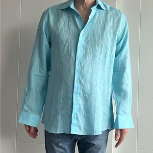 Men's Aqua Blue linen collared button down Shirt. by St. Croix luxury brand.